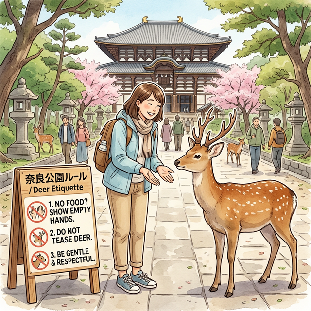 もう鹿せんべいは持っていないよと両手を広げてアピールする様子