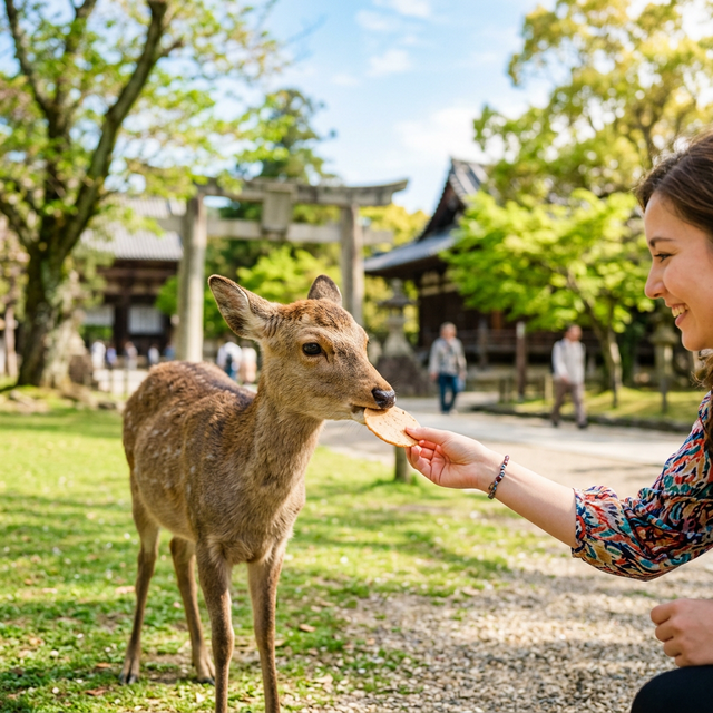 可愛い鹿に鹿せんべいをあげる様子