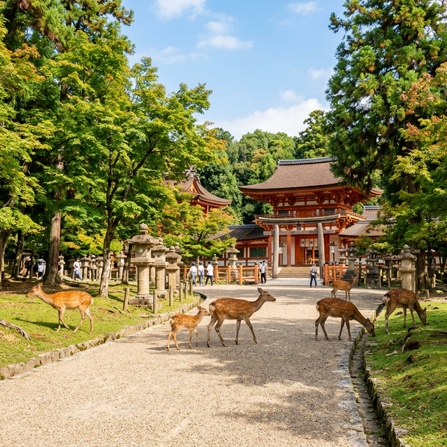 奈良の美しい街並みと鹿